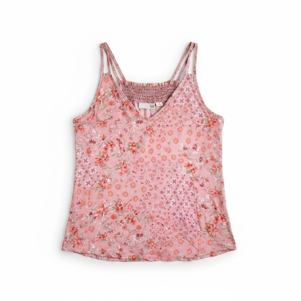 Pink Floral Rayon Smocked Back Strappy Tank Top Cottagecore Boho M